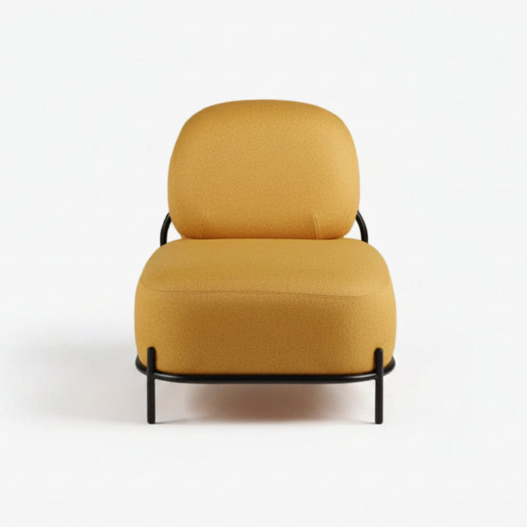 Yellow armchair with black metal frame on a gray background