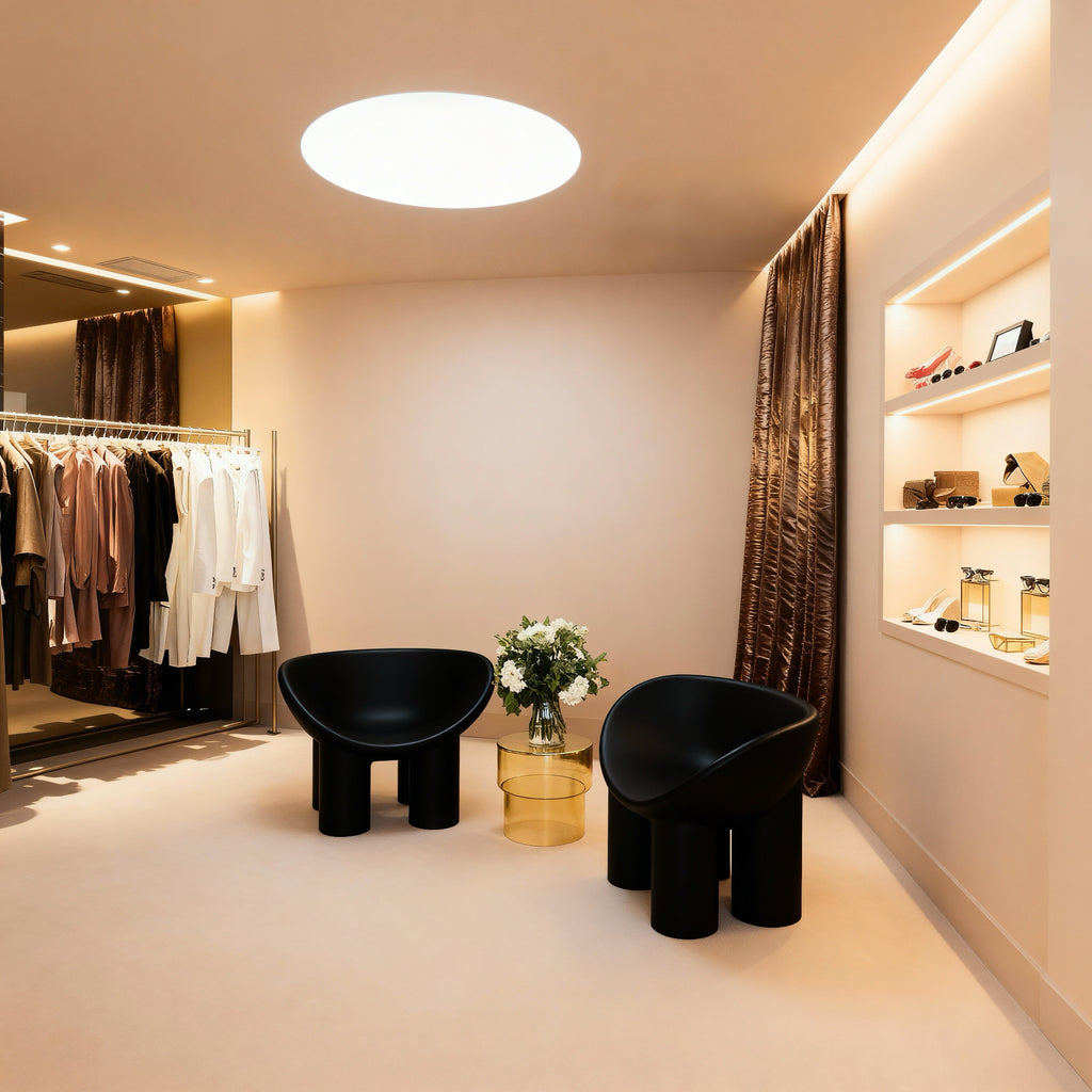 Modern interior with black chairs, a vase of flowers, and shelves.