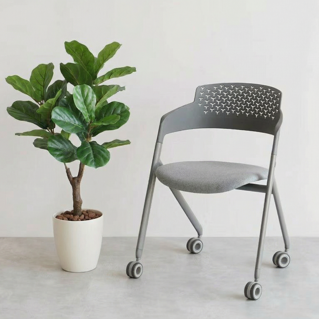 Gray chair with a plant on a light background