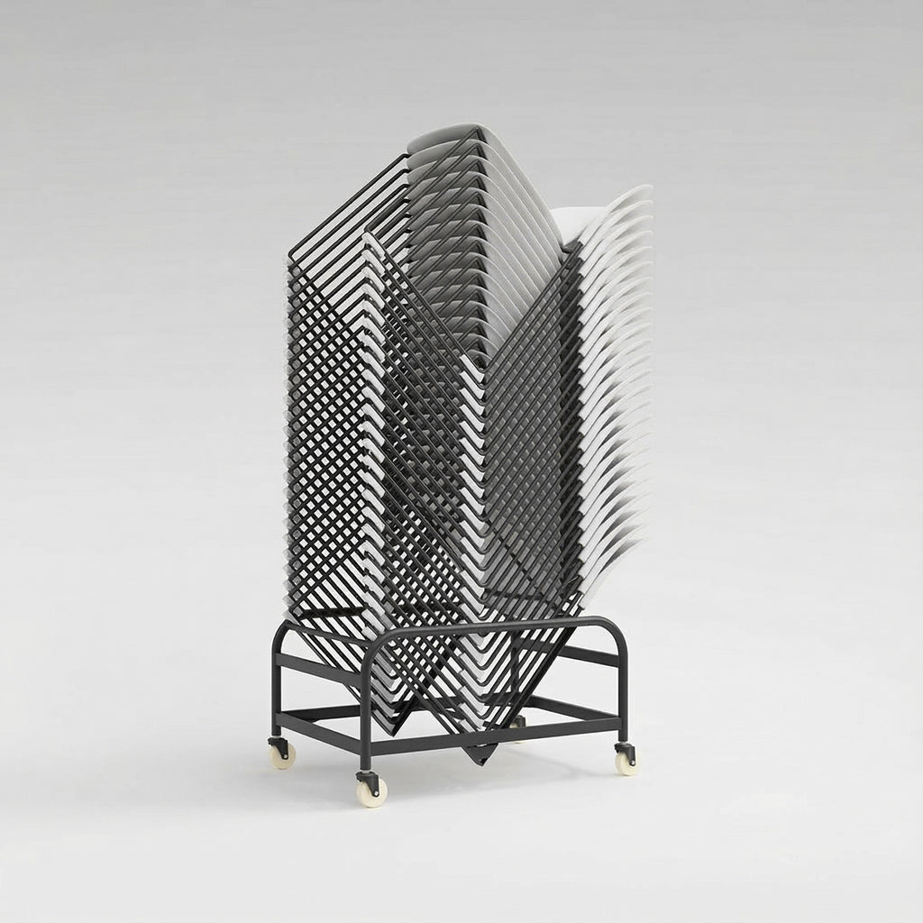 Stack of black chairs on a metal stand against a gray background