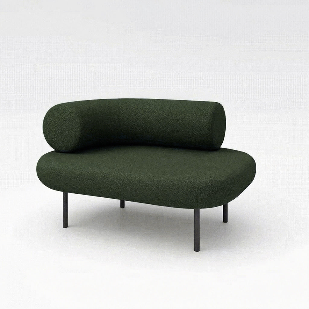 Green sofa with curved design on a white background