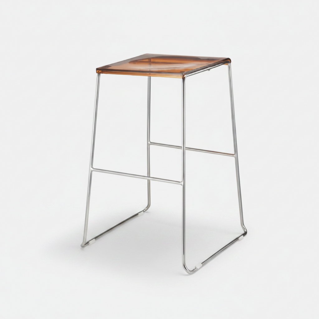 Bar stool with wooden seat and metal frame on a white background