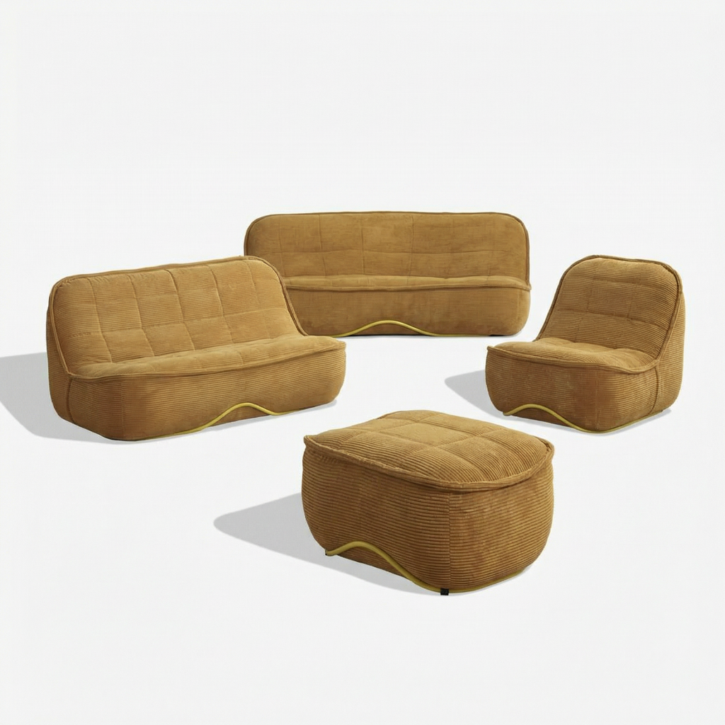 Brown retro-style sofa set with ottoman on a white background