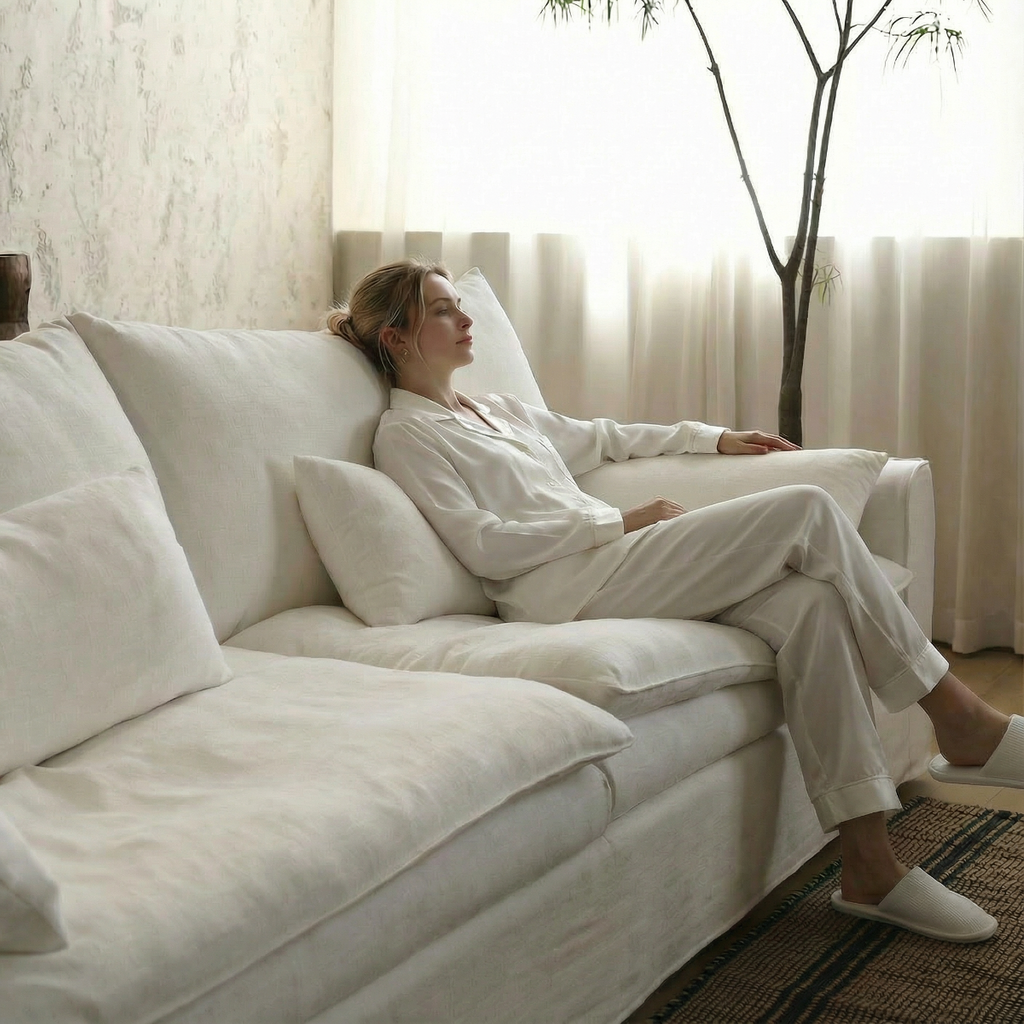 Woman sitting on a white couch in a bright, minimalistic room.