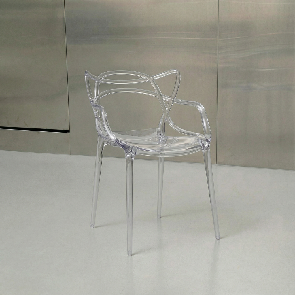 Clear plastic chair on a reflective floor and wall background